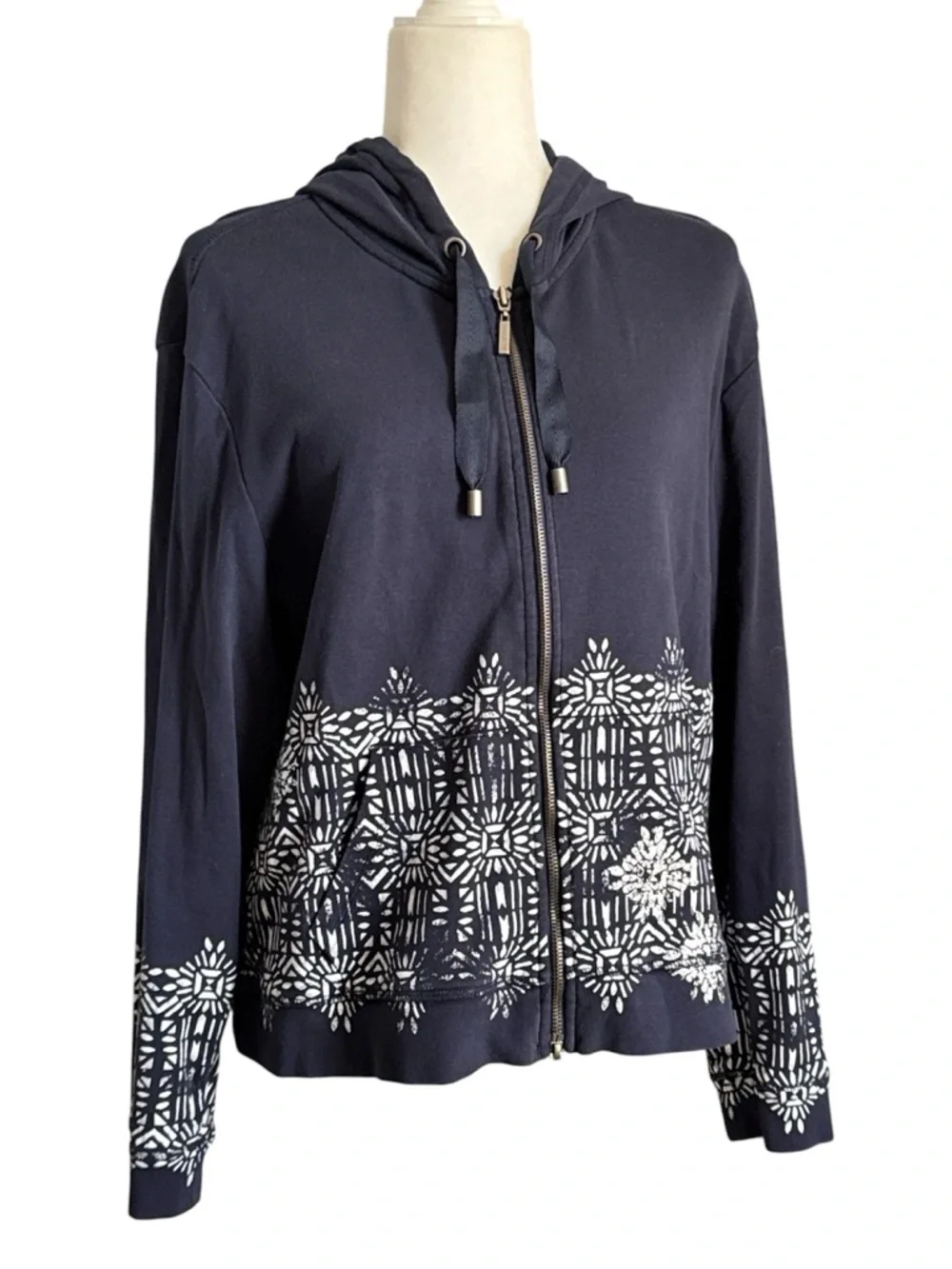 Chico’s Zenergy Navy Zip-Front Hoodie with White Pattern - Picture 11 of 11